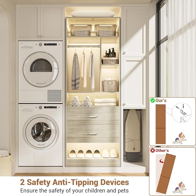 Freestanding 24" Closet System with 2 Wood Drawers, 2FT Small Closet Organizer System with 6 Shelves & Hanging Rod, Walk-in Closet Systems for Small Closets, White Oak (24"L x 15"W x 80"H)