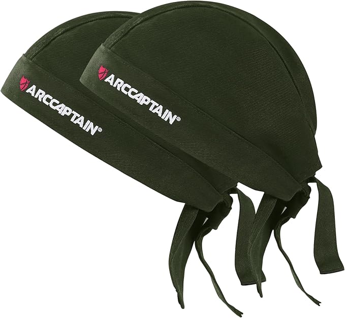 ARCCAPTAIN 2PC Welding Doo Rag, Welding Cap, Protective Welders Cap, Welding Hats for Men, Fireproof Cotton and Durable for Safety, Olive-green, M Size