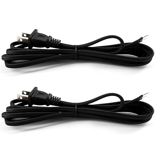 8 Feet Rayon Cloth Covered Replacement Lamp Cord with End Plug for Antique Lamp Repair DIY Project, SPT-1 Electric Wire,18 AWG, Stripped Ends,2 Pack,Black Color