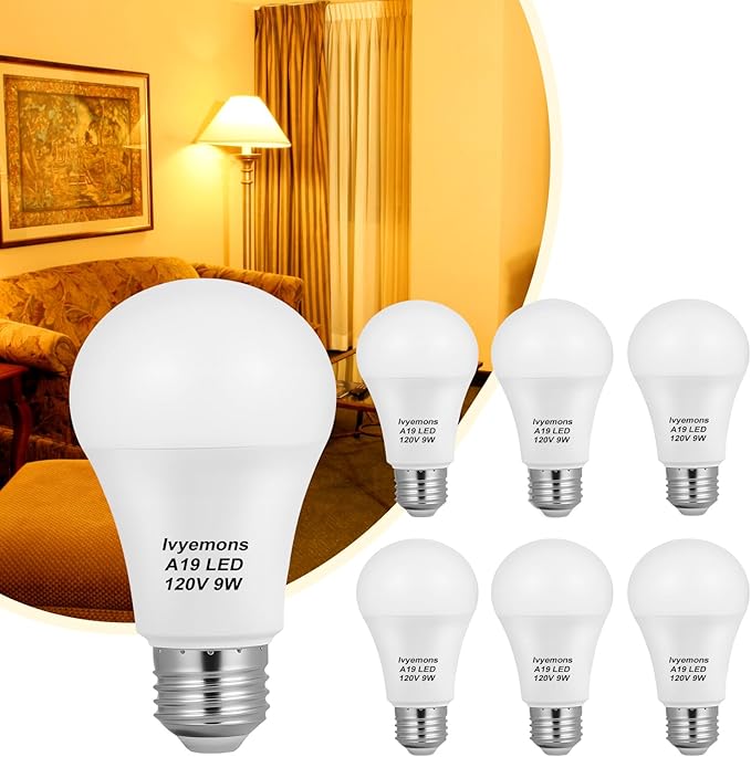 A19 LED Light Bulb 3000K Warm White, 6 Pack high Output A19 LED Bulb Soft White 800LM 120V 9W, Equivalent 60W, No Flicker E26 Base, Non-Dimmable A19 E26 LED Bulb Long Lasting for 25 Years.