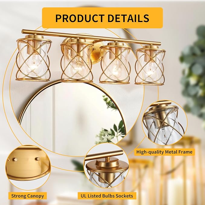 4-Lights Bathroom Light Fixtures, Brushed Gold Modern Vanity Light Over Mirror, Bathroom Wall Lamp for Mirror Kitchen Living Room Hallway Porch, Farmhouse Wall Lights with Clear Glass Cage Shade