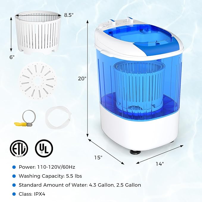 COSTWAY Mini Portable Washing Machine, 5.5 lbs Capacity, Compact Laundry Washer with Spin Tub & Drain Hose, Perfect for Apartment Dorms RV Home (Blue)