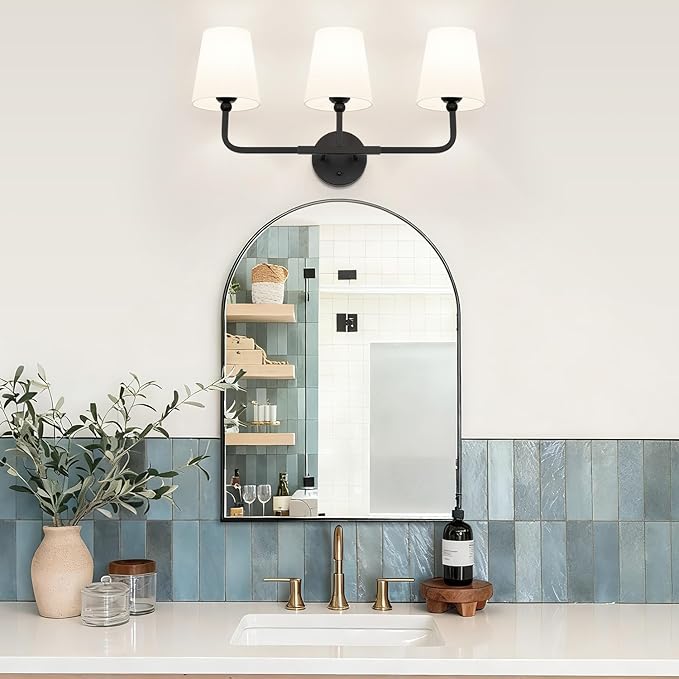 Bathroom Light Fixtures, 3-Light Matte Black Vanity Lights, Bathroom Lighting Fixtures Over Mirror with Flared White Fabric Shade, Modern Wall Sconces for Living Room Hallway