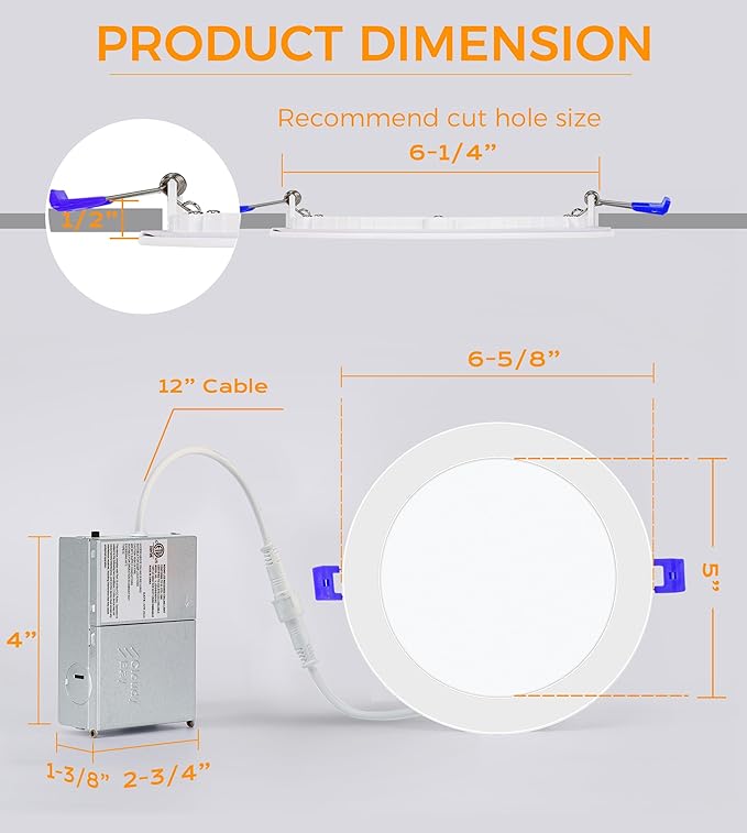 CLOUDY BAY 6 inch 3000K/ 4000K/ 5000K Selectable,Dimmable Recessed Lighting 15W CRI90+,Ultra Thin LED Recessed Light with Junction Box,IC Rated, Canless Wafer Downlight, Damp Location, White, 6 Pack