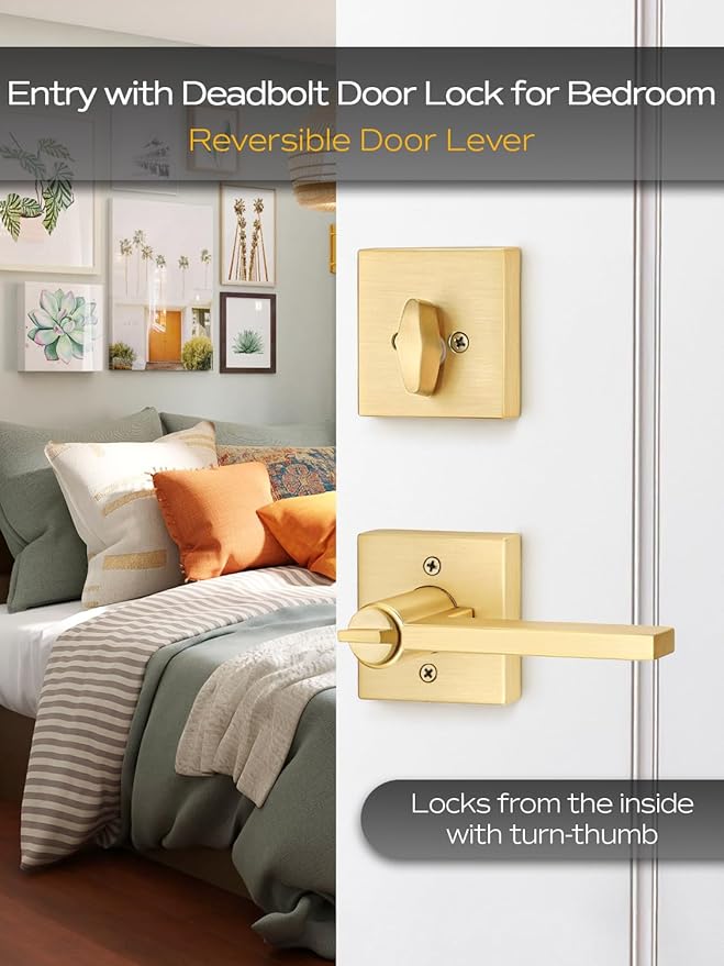 1 Set Entry Door Handle and Single Cylinder Deadbolt Lock and Key Combo Pack - Heavy Duty Square Locking Lever Set - Interior/Exterior Door Levers in Satin Brass Finish