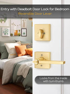 2 Sets Entry Door Handle and Single Cylinder Deadbolt Lock and Key Combo Pack - Heavy Duty Square Locking Lever Set - Interior/Exterior Door Levers in Satin Brass Finish