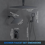 Shower Faucet Set, 12" Ceiling Mount Rainfall Shower System with 2 Rain Shower Head and Multi-function Handheld Head Push Button Diverter Shower Faucet Trim Kit (12", Matte Black)