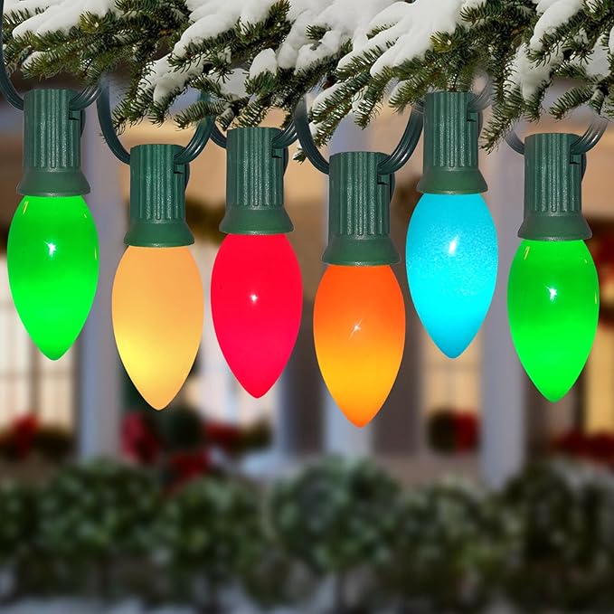 C9 Multicolor Christmas Light Bulbs, 25 Pack C9 Ceramic Color Replacement Bulbs Vintage Incandescent Light Bulbs for Christmas String Lights Outdoor Holiday Decor, E17/C9 Intermediate Base, 7 Watts