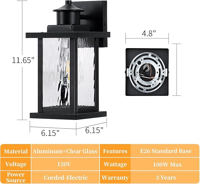12'' Outdoor Light Fixture 2 Packs, Outdoor Wall Lights Exterior Wall Sconce with Water Ripple Glass, Waterproof Porch Light Lantern Wall Mounted, Modern Black Outside Lights for House Patio Garage