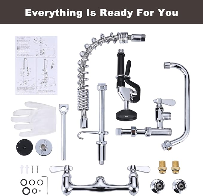 Commercial Kitchen Faucet Wall Mount with Pre-Rinse Sprayer 8 Inch Center Wall Mount Kitchen Sink Faucet with 9.6" Add-on Swing Spout 25" Height Faucet with Pull Down Spray