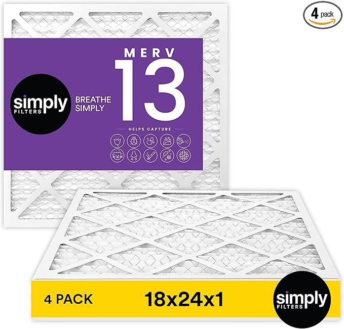 Simply 18x24x1 Air Filter, MERV 13, MPR 1500, 4 Pack, For Home AC Furnace & HVAC (Actual Size: 17.75"x23.75"x0.75") DUST, Pet, & Allergy Control