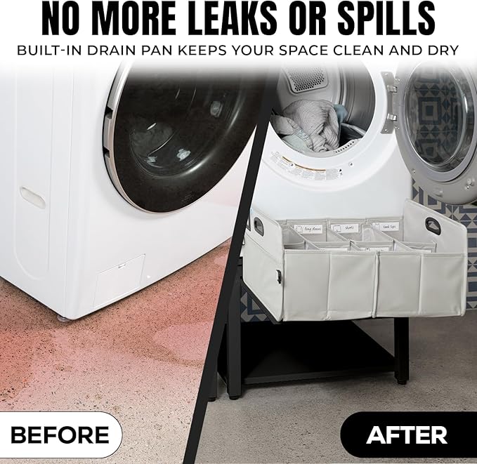 Washer and Dryer Pedestals with Pullout-Shelf - 29" W, 18" H, Black Steel Universal Fit with Major Brands | Laundry Pedestal with Drain Pan & Hose | Washer Stand for Back Pain Relief, 800 lbs Capacity