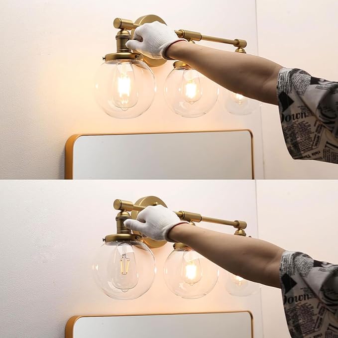 Phansthy 3-Light Wall Sconces Antique Brass Vanity Light, Industrial Wall Lamps with On Off Switch and Clear Glass Lampshade, Vintage Wall Lighting for Bathroom Living Room (Antique, Globe Shade)