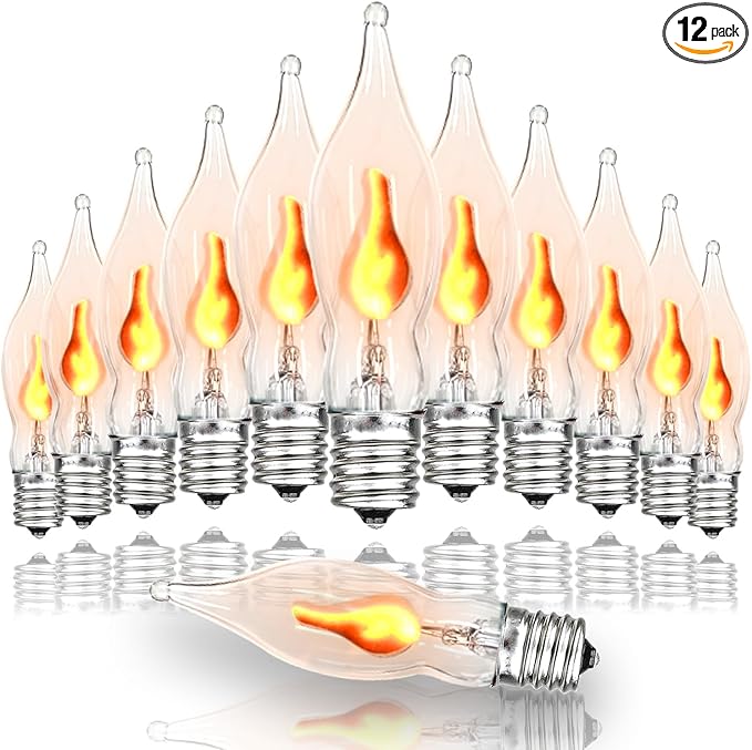 12 Pack C7 Flickering Flame Light Bulbs, Clear E12 Flickering Flame Bulb, Ideal for Christmas & Halloween Candelabra Light Bulbs & String Light Replacement, 1W, 120V