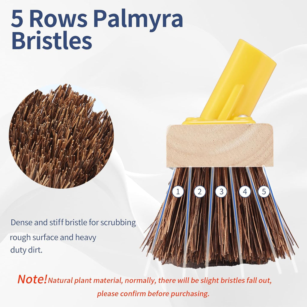 Floor Scrub Brush with Long Handle - 60" Heavy Duty Deck Brush with Stiff Natural Palmyra Bristle for Scrubbing, Outdoor Scrubber Brushes for Cleaning Concrete Floor, Garden, Patio, Shower