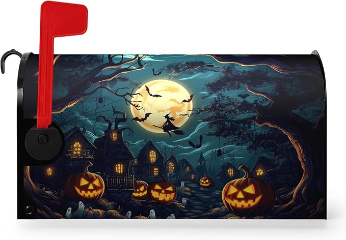 Halloween Pumpkin Castle Mailbox Covers Magnetic Lareg Size 25.5x21 Inch Spooky Witch Mailbox Cover Oversized Moon Night Letter Post Box Wraps for Garden Yard Outdoor Decor