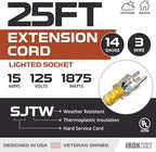 Iron Forge Cable Weatherproof 25 Ft Outdoor Extension Cord - 14/3 SJTW 15 Amp Heavy Duty Yellow Extension Cord 3 Prong - Lighted End