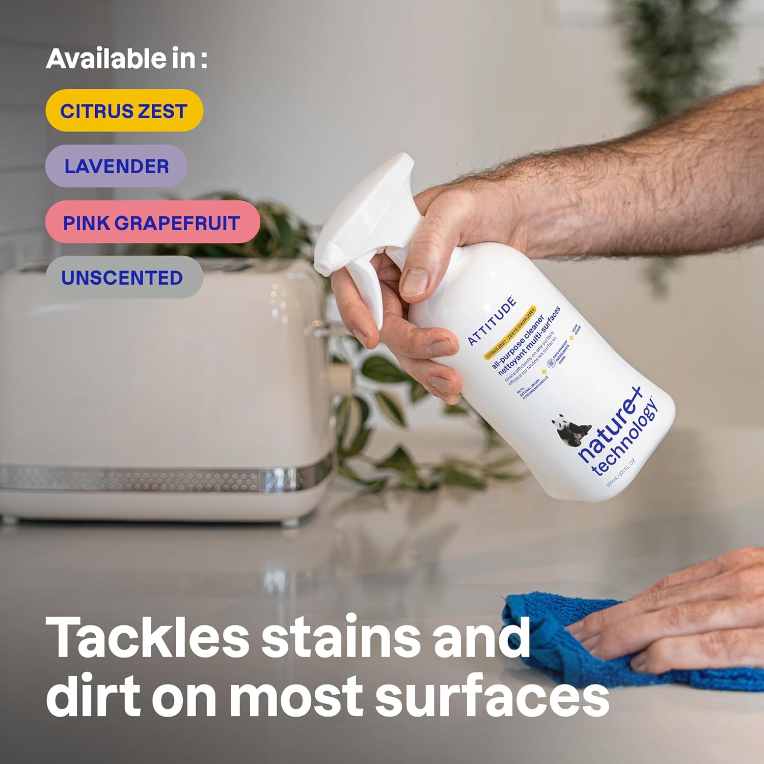 ATTITUDE All Purpose Cleaner Spray, EWG Verified, Vegan, Made with 94% Plant-Based Ingredients, Streak-Free for Kitchen, Bathroom, Glass & More, Lavender Scent, 27.1 Fl Oz