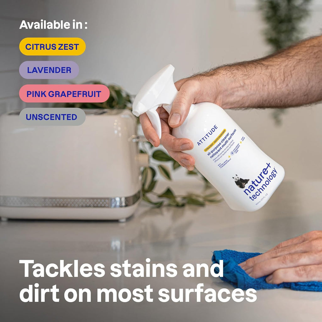 ATTITUDE All Purpose Cleaner Spray, EWG Verified, Vegan, Made with 94% Plant-Based Ingredients, Streak-Free for Kitchen, Bathroom, Glass & More, Unscented, 27.1 Fl Oz (Pack of 3)