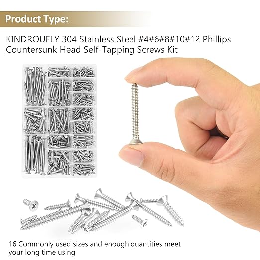 527 Pieces #4#6#8#10#12 Phillips Countersunk Head Self-Tapping Screws, Wood Screws Assortment Kit, 304 Stainless Steel