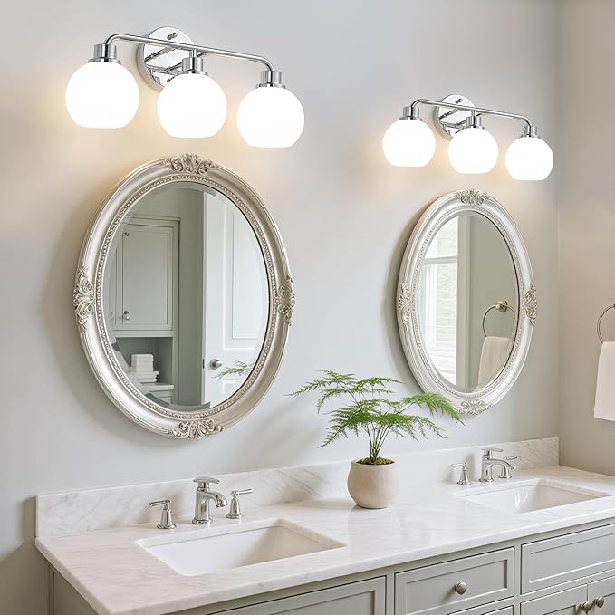 Chrome Vanity Light Bathroom Light Fixtures Over Mirror 3 Light Wall Sconces Lighting Silver Lights with Milk Globe Glass Shades Bath Wall Lamp for Mirror Kitchen Living Room Bedroom Hallway