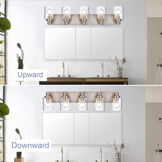 5 Light Brushed Nickel Vanity Lights Bathroom Lighting Fixtures Over Mirror, Modern Bathroom Lights with Clear Glass Shade, Farmhouse Vanity Wall Sconces Lighting for Bedroom Living Room