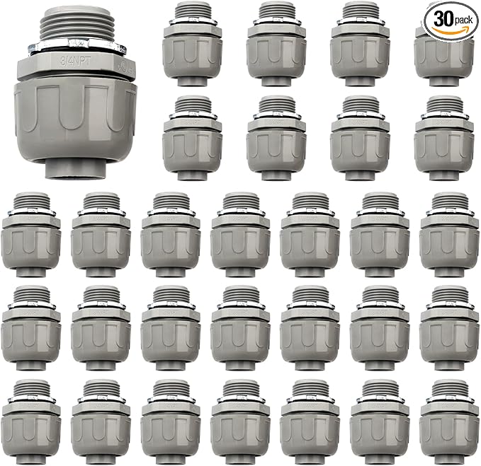 Conduit Connectors, 3/4 Inch Liquid Tight Connector NPT Non-Metallic for PVC Electrical Flexible Conduit Fittings, 180 Degree Straight, UL Listed for Home Outdoor Tubes Tools, Grey (30-Pack)