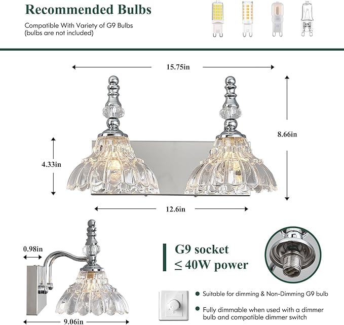 Vintage Bathroom Vanity Light, 2-Light Chrome Vanity Lighting Fixture with Flower Glass Shade, Bathroom Lighting Fixtures Over Mirror