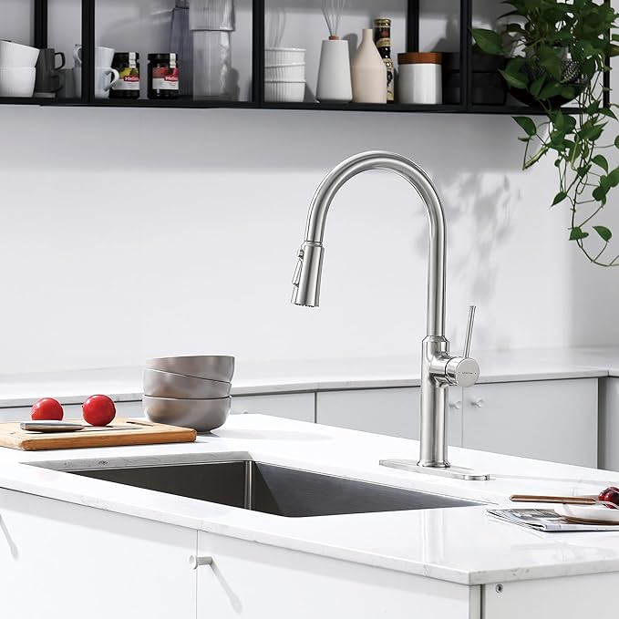 Kitchen Sink Faucets Brushed Nickel, High Arc Single Handle Kitchen Faucet with Pull Down Sprayer, Solid Brass Tall Kitchen Faucets