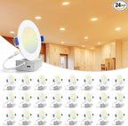 VOLISUN 24 Pack 4 inch Recessed Lighting, 5CCT LED Recessed Light with Junction Box, 2700K-5000K Selectable, 9.5W Eqv 80W, 810LM Dimmable Canless Wafer Downlight, LED Ceiling Light ETL Certificated