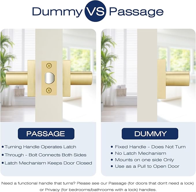 EHOMEWARE 6 Pack Satin Brass Dummy Door Handle, Gold Interior Door Lever for Pull or Push Only, Heavy Duty Single Sided Door Handles for French or Closet Doors