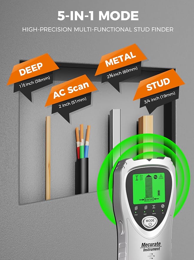 Mecurate Sliver Stud Finder Wall Scanner Sensor - 5 in 1 Electronic Stud with LCD Display & Audio Alarm for Wood AC Live Wire Metal