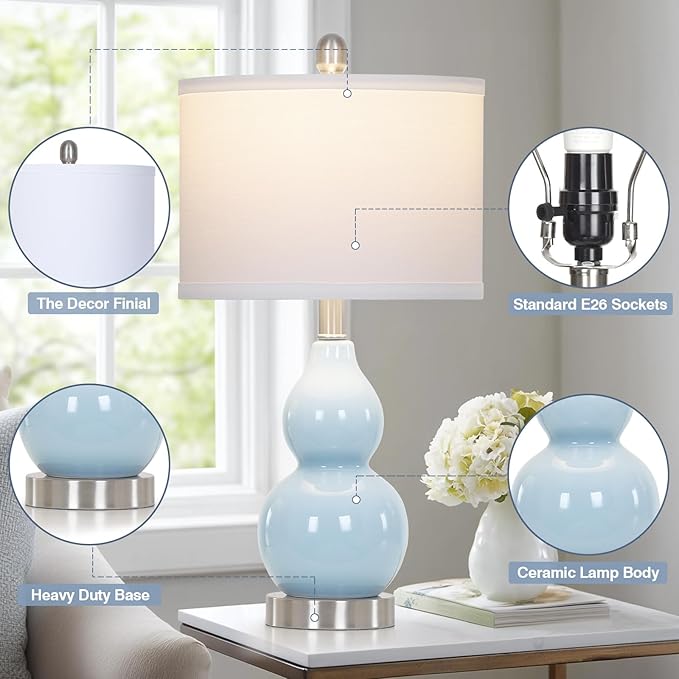 22" Double Gourd Ceramic Table Lamps Set of 2, Blue Modern Bedside Lamps for Living Room, Contemporary Nightstand Desk Lamps for Bedroom End Table Home Office Study Room Decor(2 LED Bulbs Included)