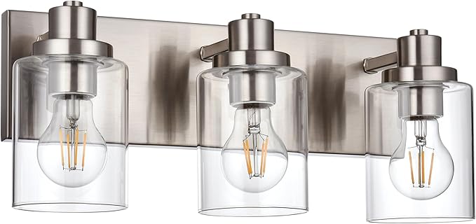 3 Light Bathroom Vanity Light - Brushed Nickel, Modern Farmhouse Style with Clear Glass Shade, Over Mirror Lighting Fixture
