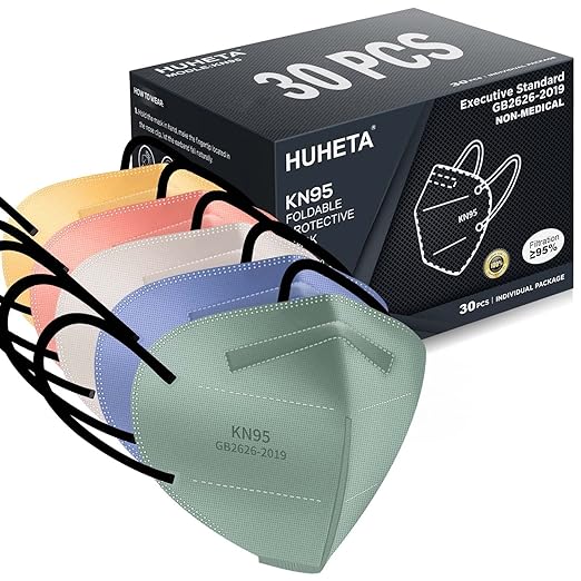 HUHETA KN95 Face Masks for Adults, Packs of 30 KN95 Mask with 5-Ply Mask Protection, Individually Wrapped Face Masks, Morandi Multi Color
