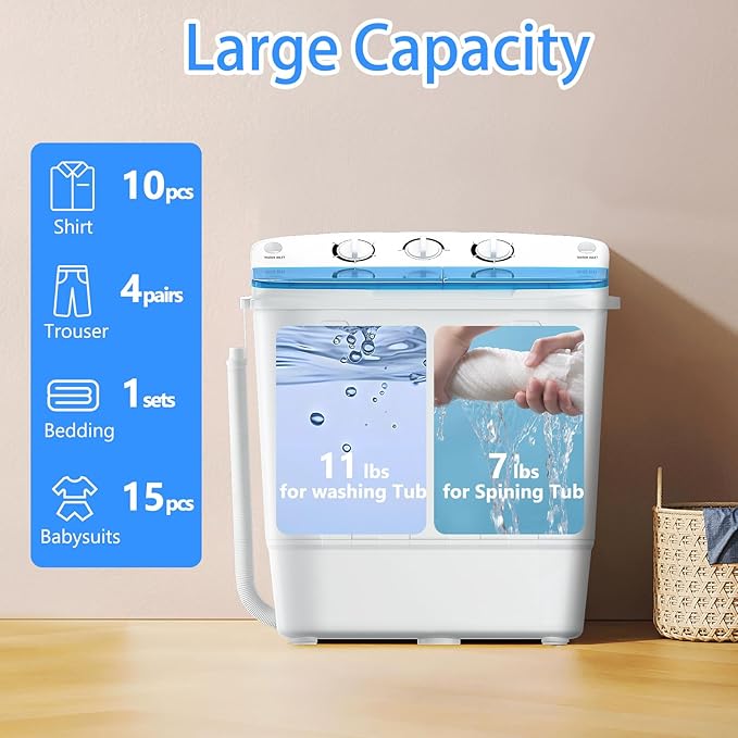 Portable Mini Twin Tub 18lbs Washing Machine With Drying Rack& 10 Hangers, 11lbs Washer & 7lbs Spinner, Small Laundry Washer with Time Control for Camping, Apartments, RV (18lbsBlue)