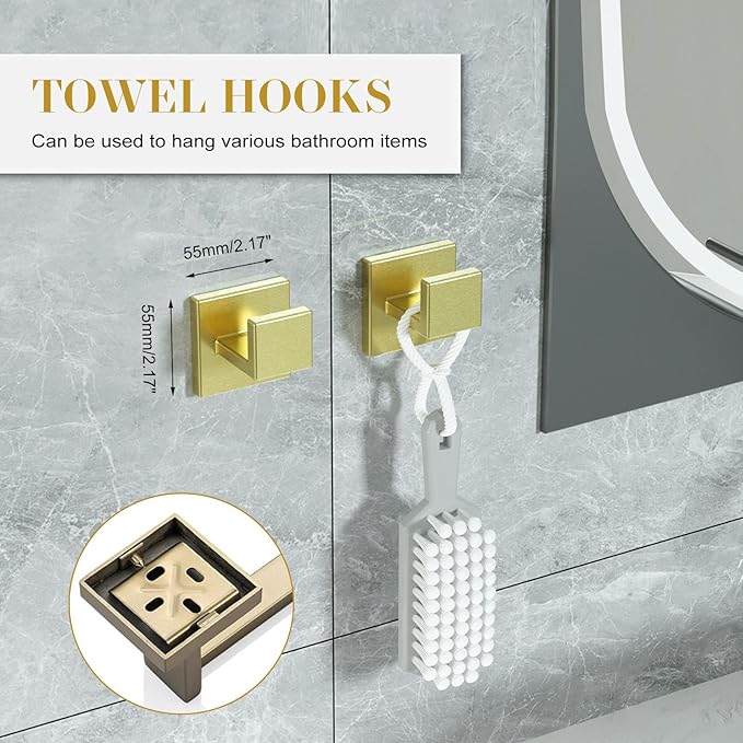 Bathroom Accessory Towel Bar Set: 10 Pieces Gold Bathroom Hardware Square SUS304 Stainless Steel - Wall Mounted Towel Rack&Toilet Paper Holder&Towel Ring and Towel Hook