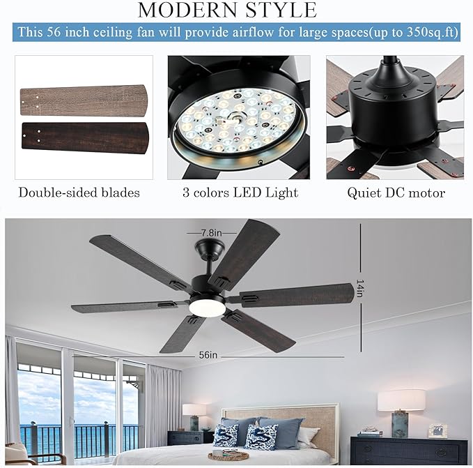 56inch Ceiling Fans with Lights and Remote/App Control, Dimmable LED, Reversible DC Motor, Noiseless, 6 Double-side blades, Modern Low Profile Ceiling Fan for Indoor/Outdoor Use (Brown)