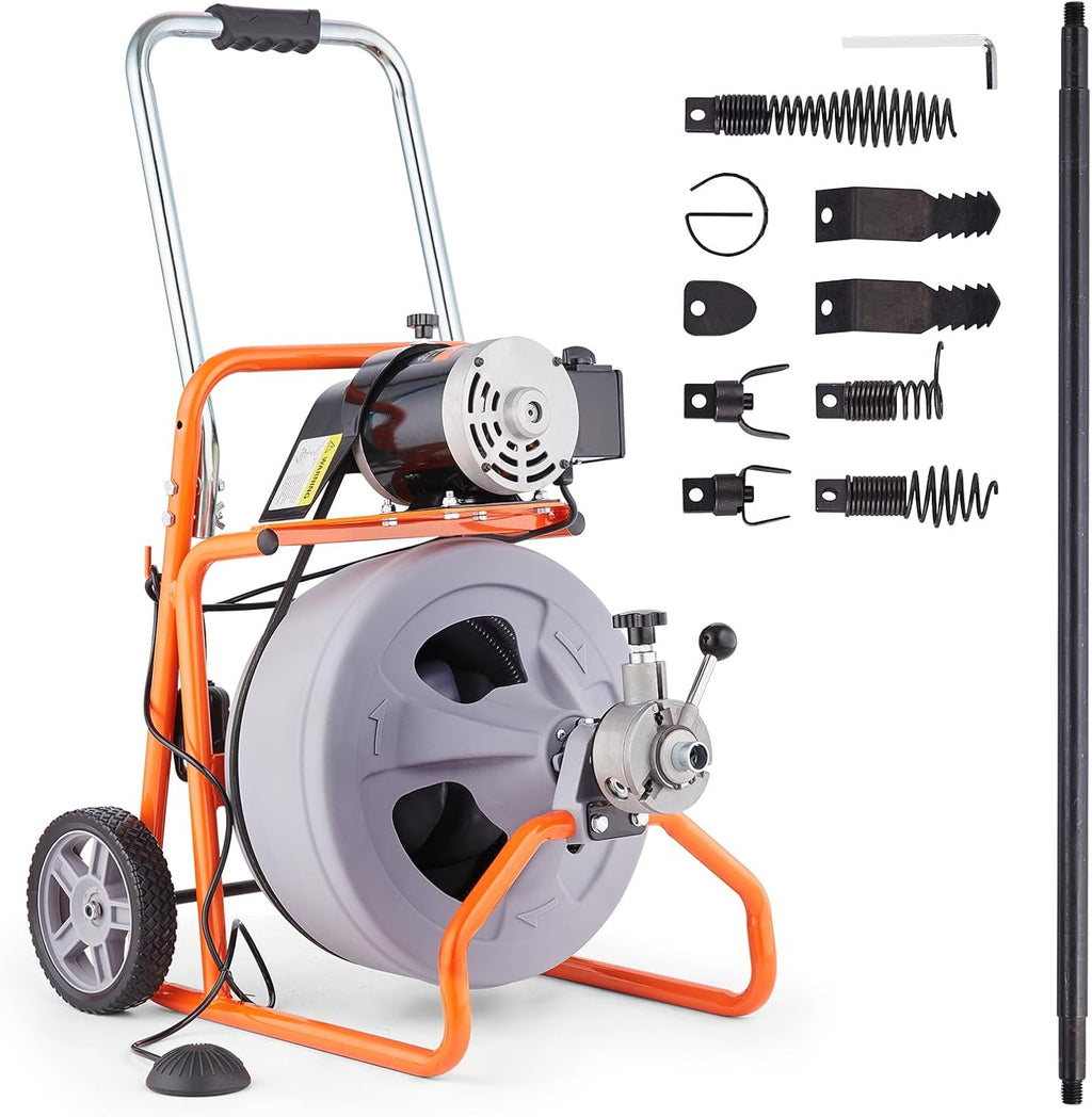 VEVOR Drain Cleaner Machine 75FT x 1/2 Inch, Auto Feed Sewer Snake Drain Auger on Wheels, Portable Drain Cleaning Machine with 8 Cutters & Air-activated Foot Switch for 2" to 4" Pipes