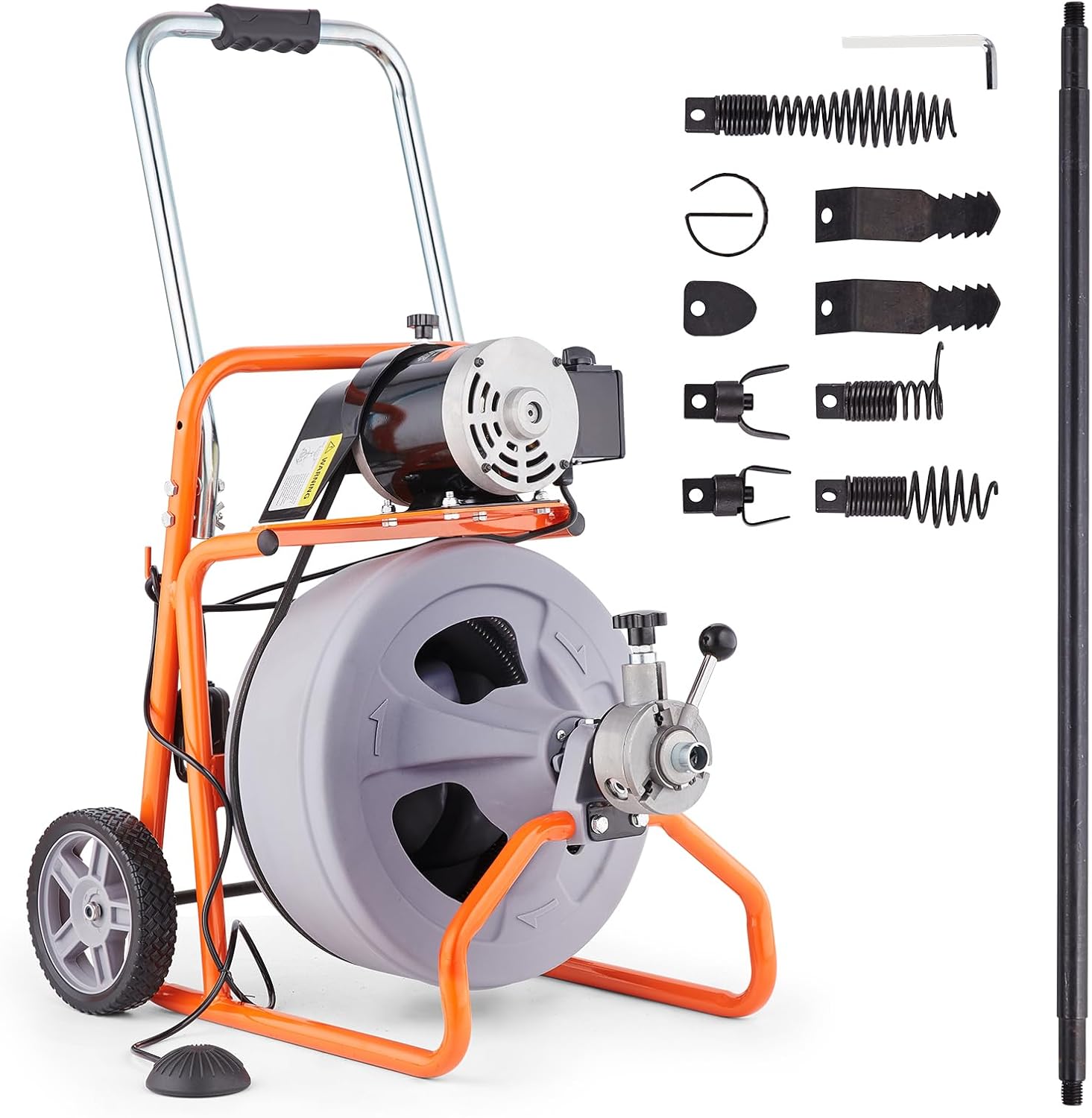 VEVOR Drain Cleaner Machine 100FT x 1/2 Inch, Auto Feed Sewer Snake Drain Auger on Wheels, Portable Drain Cleaning Machine with 8 Cutters & Air-activated Foot Switch for 2" to 4" Pipes