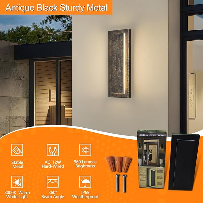 tewei LED Outdoor Wall Lights, 15.7'' Modern Outdoor Indoor Wall Sconce Large Exterior Lighting Fixtures Outside Front Door Lights for House, Hallway, Warm White 3000K, Antique Black, 1 Pack