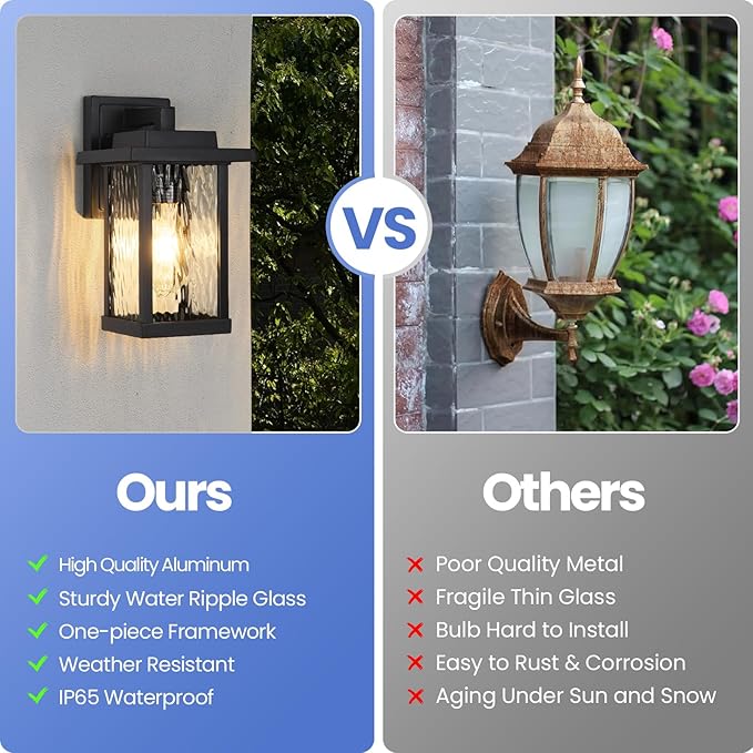 Outdoor Wall Sconce, Outside Porch Light Fixtures, Wall Mount Anti-Rust Exterior Wall Lights in Wood Grain Finish & Black Finish with Water Ripple Glass for Garage Doorway Entryway