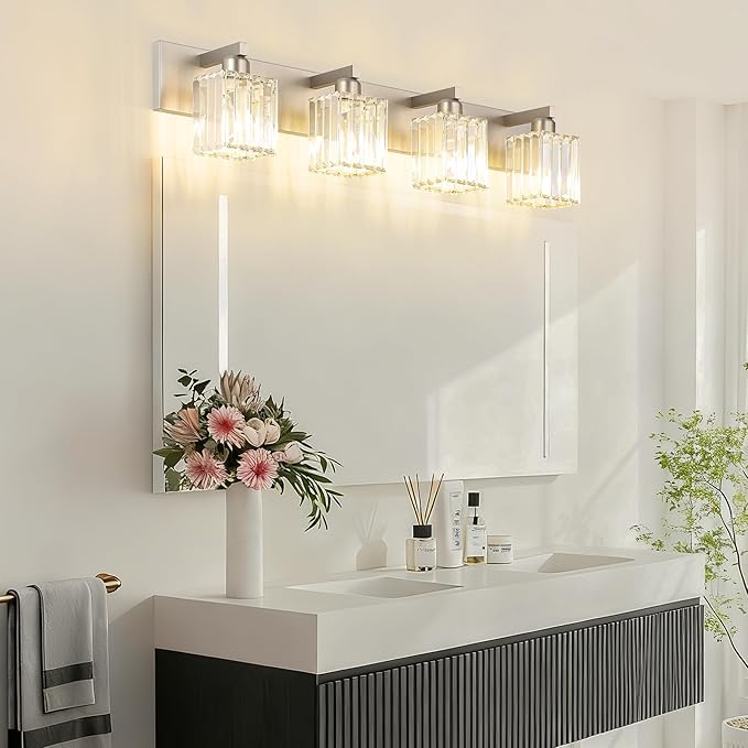 Aipsun Brushed Nickel Bathroom Lighting Fixtures 4 Light Crystal Modern Bathroom Vanity Light (Exclude Bulb)