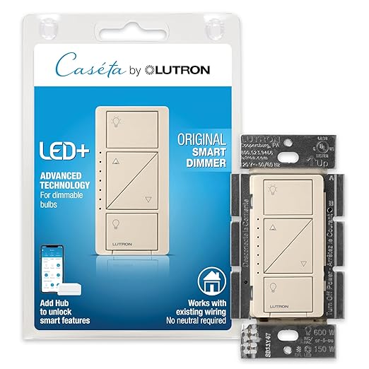 Lutron Caseta Original Smart Dimmer Switch (Lutron Smart Hub Required), for LED Lights, 150 Watt, Single-Pole/3-Way, No Neutral Required, PD-6WCL-LA, Light Almond