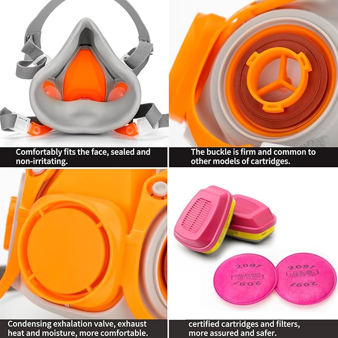 RANKSING Respirator Mask with Filters and Glasses to Against Dust Gases Fumes in Painting Spraying Sanding Orange/Pink