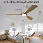 52" Wood Ceiling Fan with Lights Remote Control,Quiet DC Motor 3 Blade Ceiling Fans for Patio Living Room, Bedroom, Office,Indoor Outdoor(Raw wood+White)
