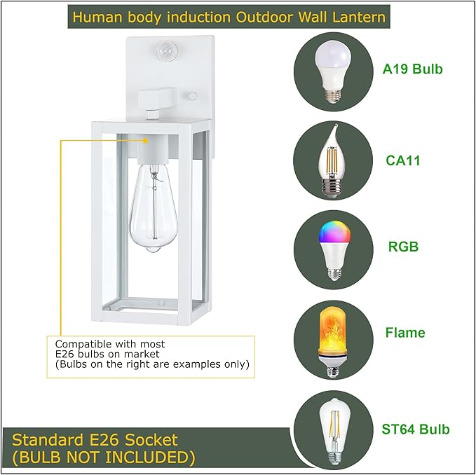 GRUENLICH Dusk to Dawn Large Outdoor Wall Lantern, PIR Motion Sensor Wall Sconce, E26 Base Max 60W, Metal Housing Plus Glass, White Finish, Bulb Not Included, 1-Pack