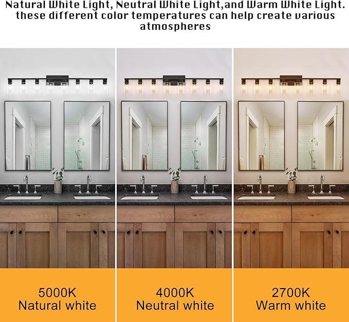 8 Light Bathroom Vanity Light, Matte Black Bathroom Vanity Lights Over Mirror with Sturdy Clear Glass Shade, 8 Lights Count Large Bath Light Fixtures for Mirror, Bedroom, Living Room, Wall Sconce