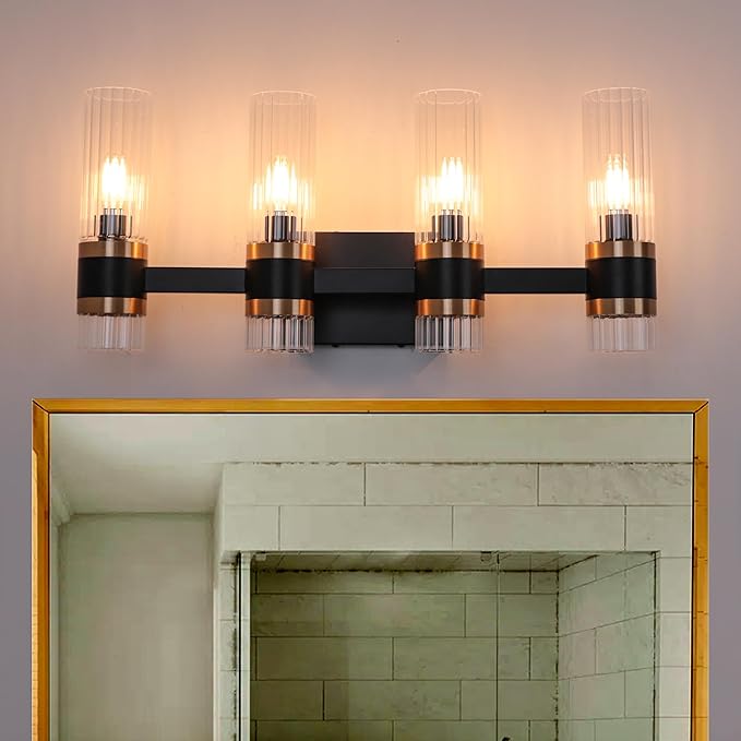 MELUCEE Bathroom Vanity Light Black 4 Lights with Ribbed Clear Glass Shade, Vanity Lighting Fixtures Over Mirror Farmhouse Bathroom Wall Lights for Powder Room Kitchen Foyer, E12 Base