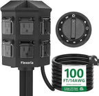 Outdoor Power Strip Timer Waterproof, Dusk to Dawn Light Sensor Countdown, 100FT Extension Cord, 6 Grounded Outlets for Halloween and Christmas Decorations, ETL Listed